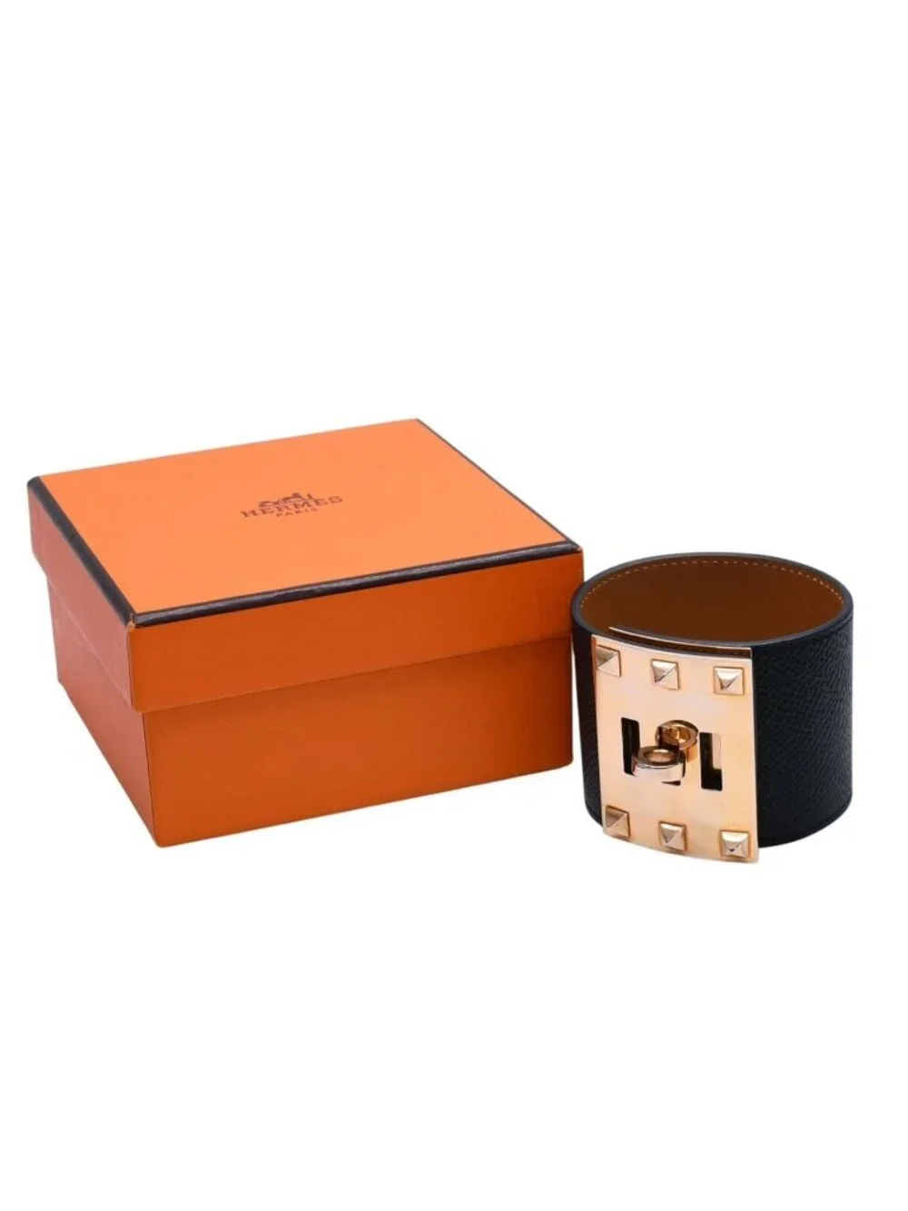 Hermes Kelly Dog Bangle Gold Leather Band Metal S Black Bracelet